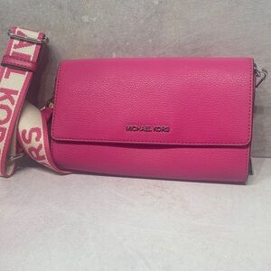 Michael Kors Large Zip Around Wallet Crossbody Bag Dragonfruit Pink